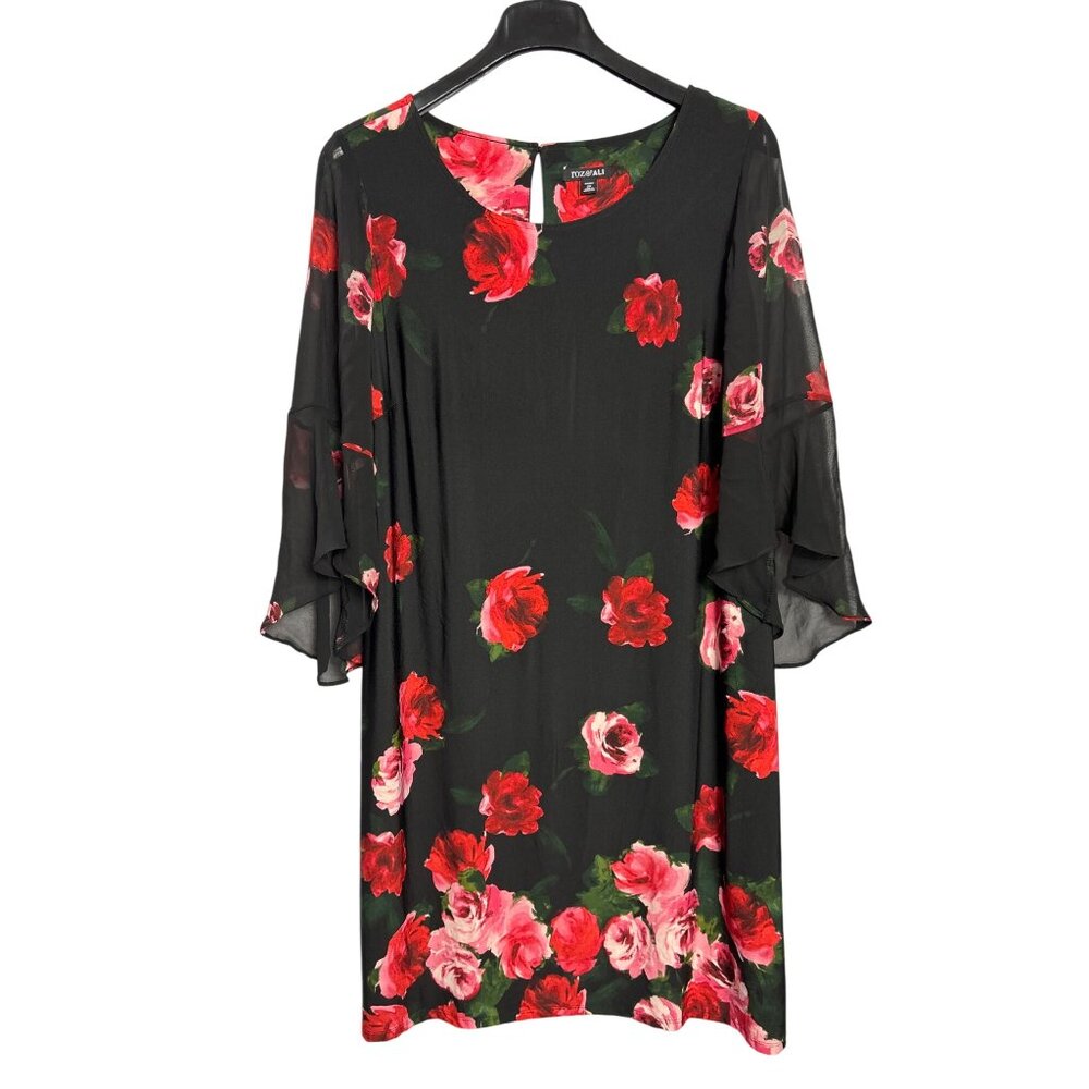 Roz & Ali Black Floral Midi Dress with Red and Pink Blooms